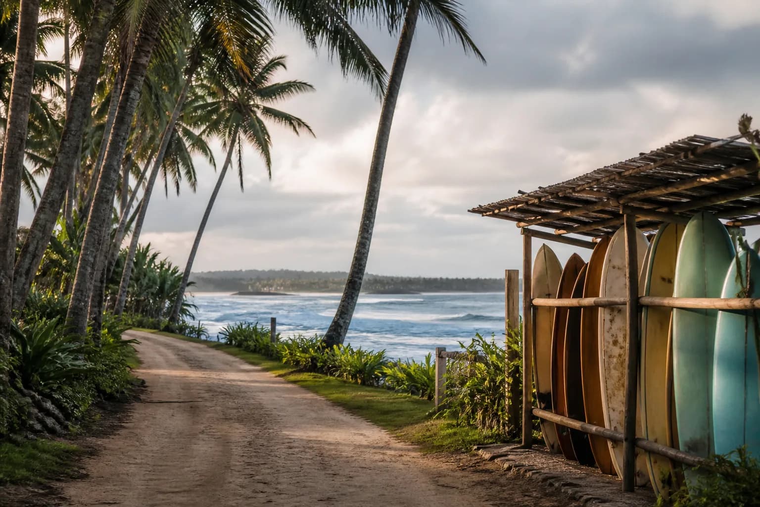 Surfboards beside a palm-lined road and the Siargao coast