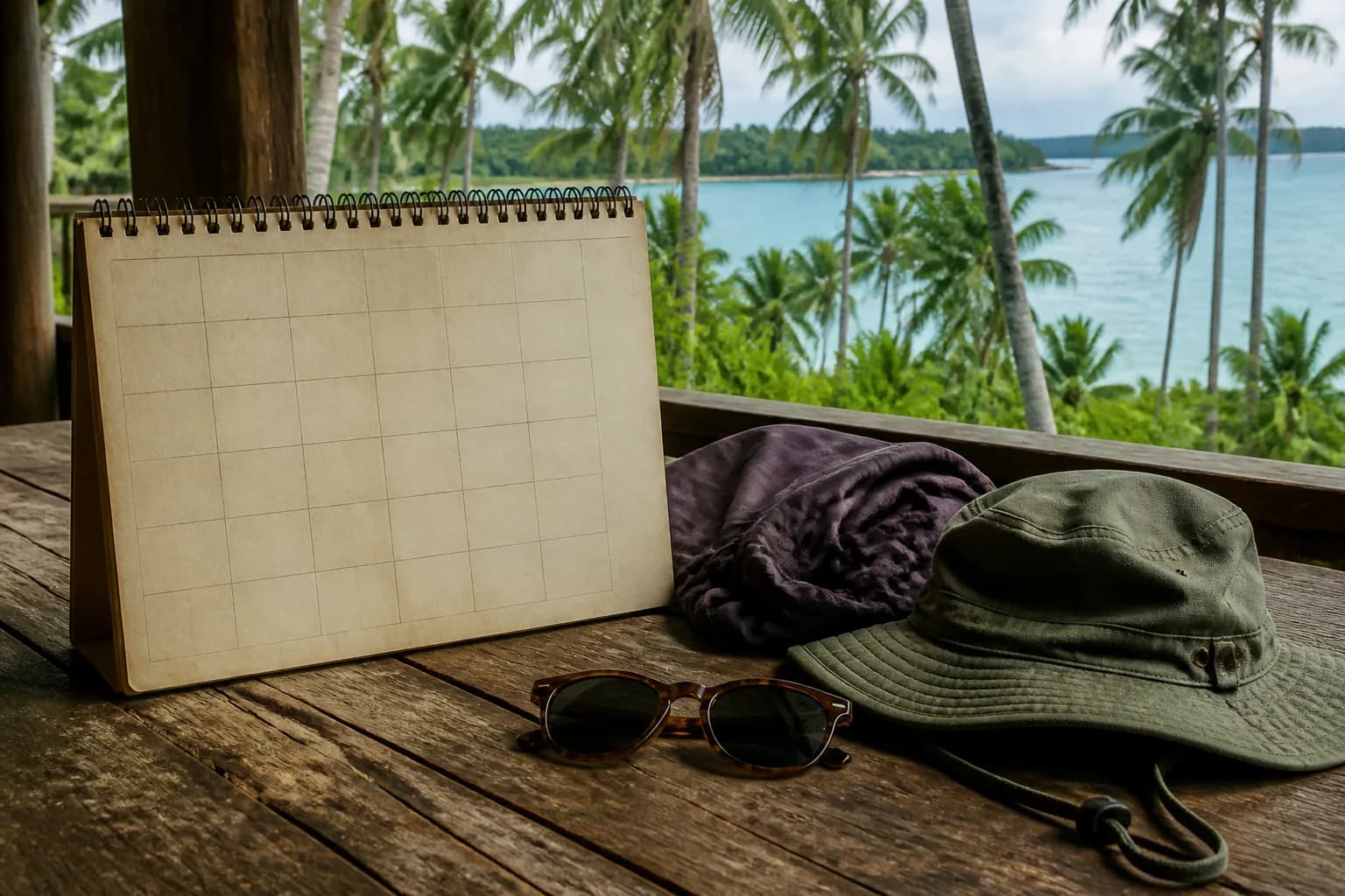 A blank planning calendar, sun hat, and rain cover overlooking Siargao